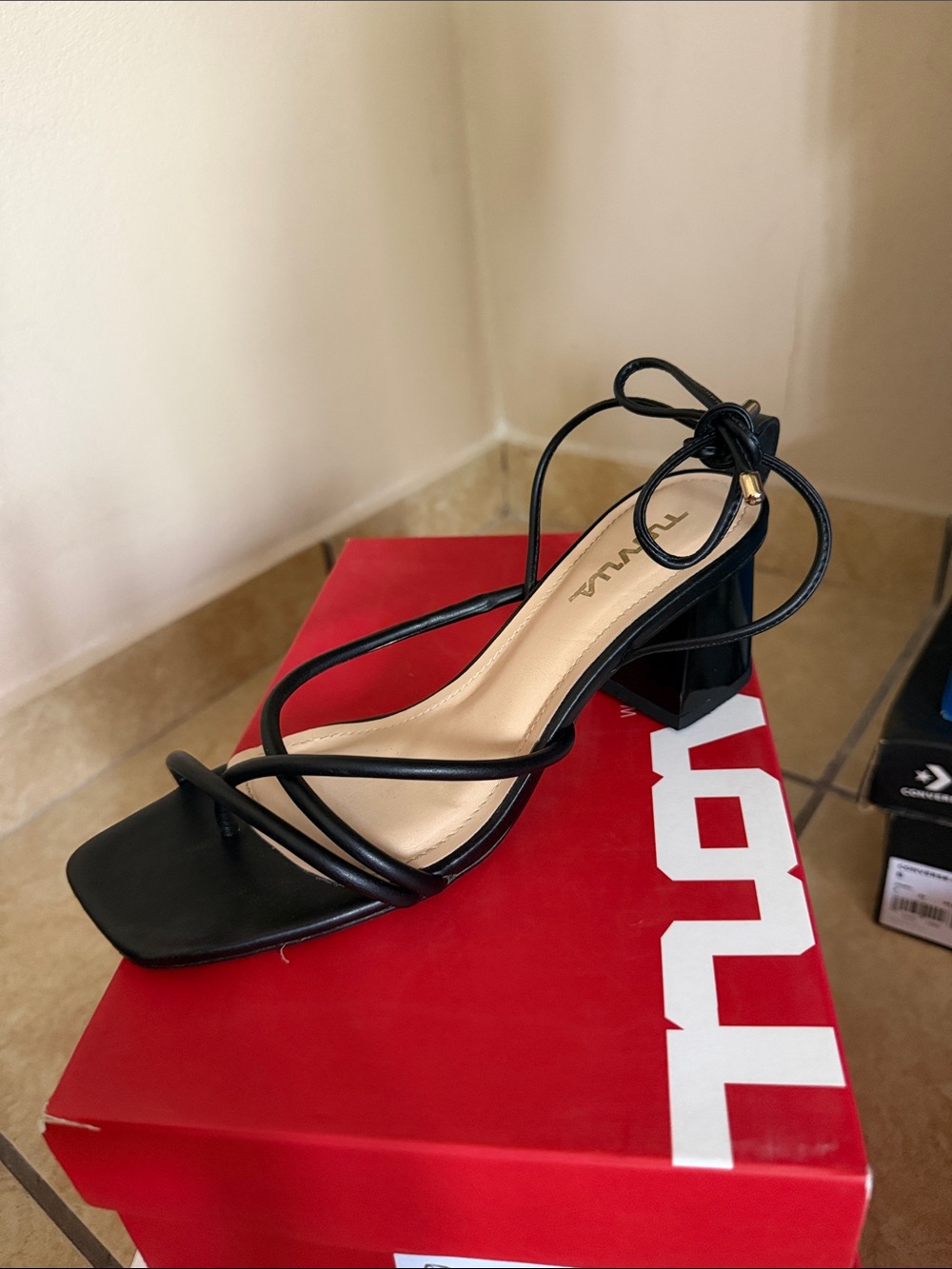 Black Strappy Block Heel Sandals with Ankle Tie - Women's